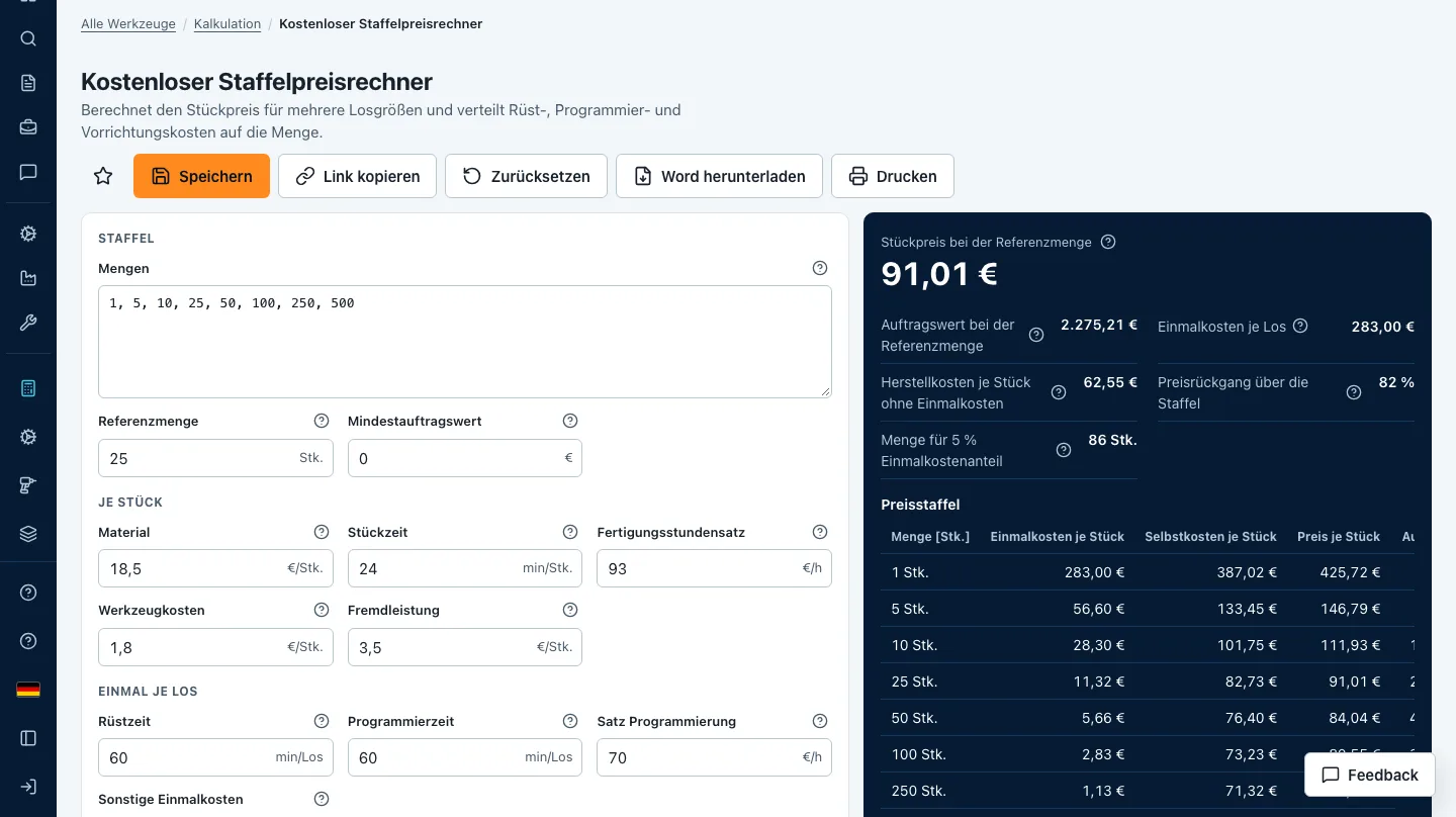 Staffelpreisrechner mit mehreren Mengen und der Preistabelle
